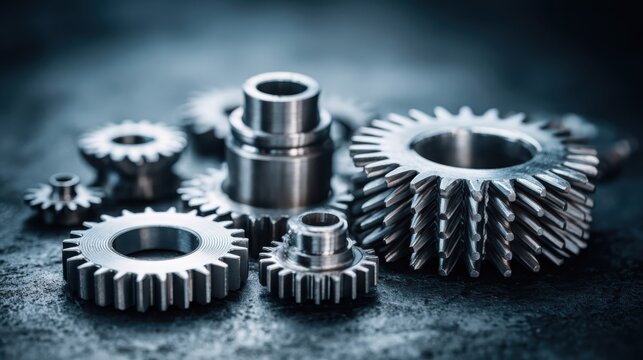Collection of polished metal gears and cogs showcasing intricate industrial machinery details