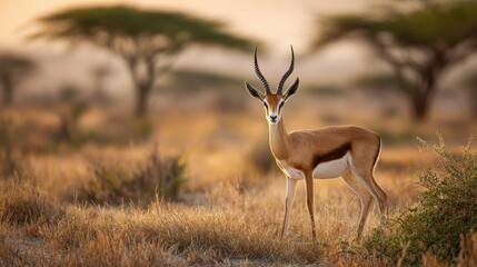 Fototapeta premium Graceful antelope standing alert in warm savannah tones