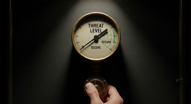 Threat level indicator gauge in secure position, vintage brass pressure meter for security monitoring, industrial safety dial with hand