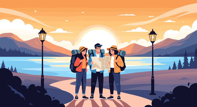 Group of three hikers with backpacks standing on a scenic mountain trail at sunset while consulting a paper map for navigation.
