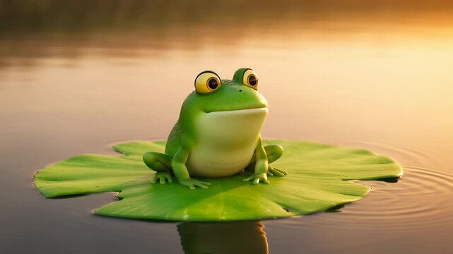 Cartoon green frog sitting on lily pad in serene water at sunset animated character with nature background