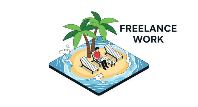 Freelance worker enjoying a remote lifestyle while working on a laptop on a beautiful tropical island beach with palm trees and ocean.