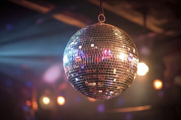 Fototapeta premium Hanging mirror ball with mirrored facets reflecting vibrant lighting