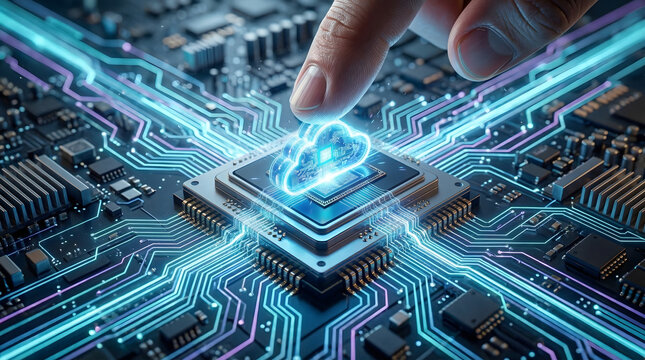 Close up of a human finger touching a glowing digital cloud icon on a high tech computer processor chip representing cloud computing technology and data storage infrastructure
