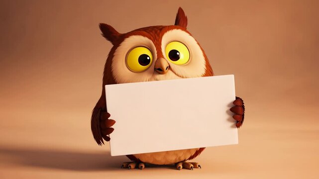 Animated cartoon owl holds blank white sign for custom message presentation on clean gradient background advertising display