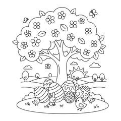 Fototapeta premium Easter coloring page with decorated eggs under blossom tree and cute spring animals