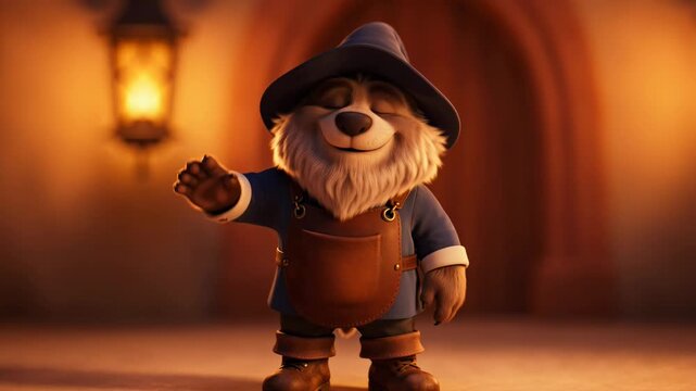 Cartoonish wolf in costume waving greeting,welcoming gesture,character animation design,fantasy creature with warm lighting,cute and friendly digital art