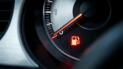 Naklejka premium Close up of car fuel gauge showing empty warning