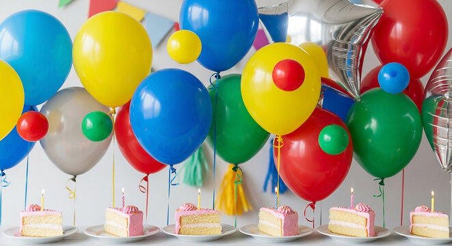 Festive balloons and birthday cakes with lit candles create a jo