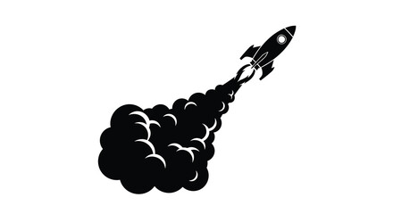 A striking black silhouette depicts a rocket launching with a trail of smoke symbolizing speed and space exploration © ArtBySalea07