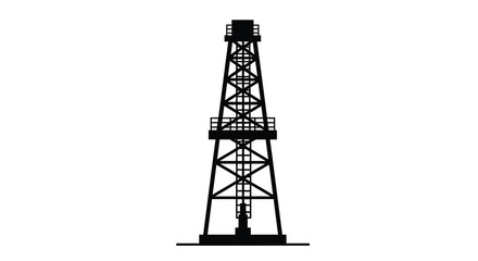 A stark black silhouette of an oil derrick stands prominently against a clean white background representing energy extraction © ArtBySalea07