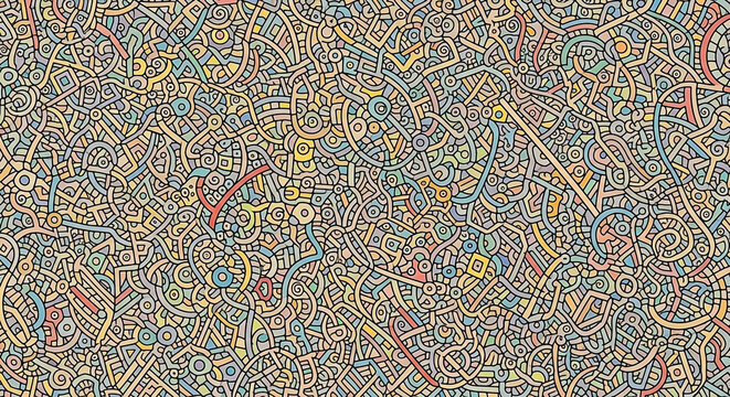 Intricate, colorful, geometric pattern with maze-like pathways a