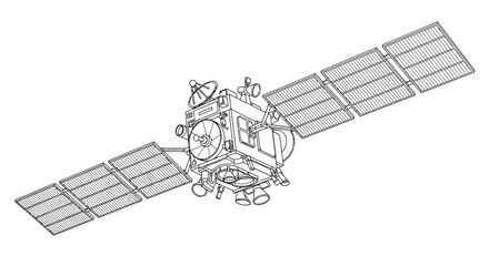 A detailed line drawing showcases a satellite in space featuring large solar panels and various instruments high quality professional © ArtBySalea07