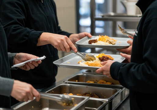 Helpers serve hot food onto trays during church aid service.
