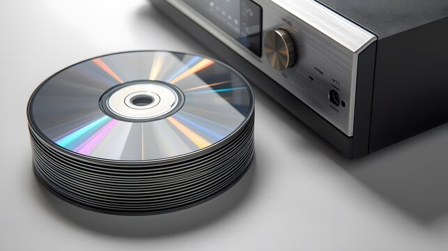 Chromatic Harmonies: A Stack of Compact Discs Beside a Brushed Aluminum Player, Capturing the Radiant Rainbow Flares and Sleek Textures of Modern Audio Gear