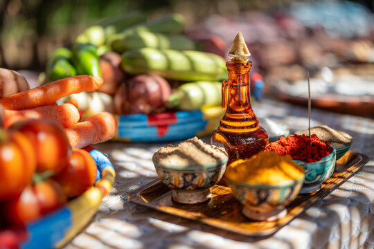 Moroccan spices colourful at table.