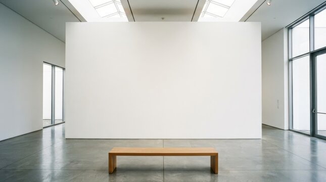Empty modern art gallery with wooden bench minimalist white wall exhibition space