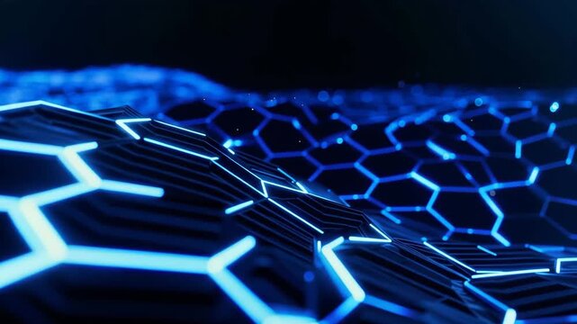 Abstract 3D technology hexagon circuit grid background, blue neon glowing honeycomb integrated circuitry surface, chip design and cybersecurity defense motion graphics for semiconductor, hardware engi