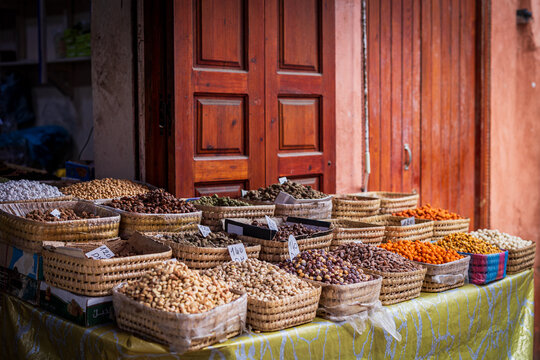 Dried fruit and nuts at moroccan spice market.