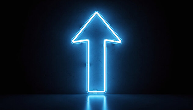 Vibrant Blue Neon Arrow Pointing Upward on a Dark Textured Background with Reflective Floor, Symbolizing Growth, Direction, and Progress
