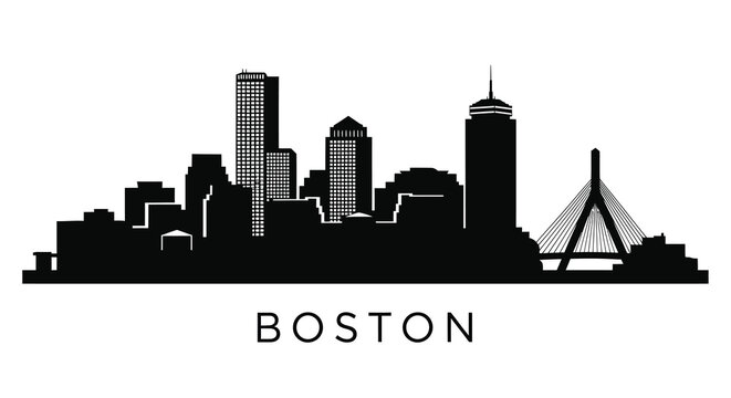 A striking black silhouette depicts the boston skyline featuring prominent buildings and the iconic prudential tower high quality professional