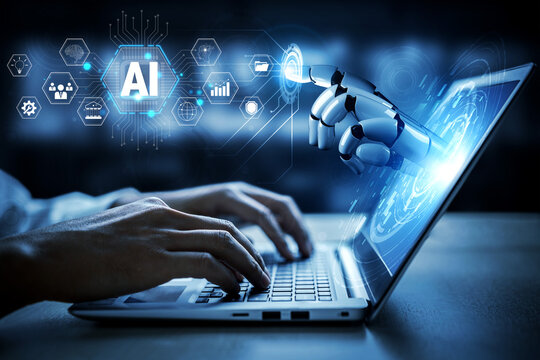 Futuristic Robotic Hand Interacting with Laptop Display Showcasing Artificial Intelligence Concept in Modern Digital Workspace Quark.