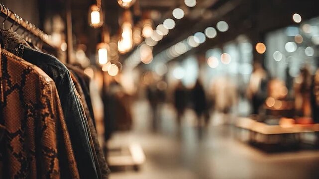 Stylish patterned jacket hangs on a rack in a modern retail store with blurred