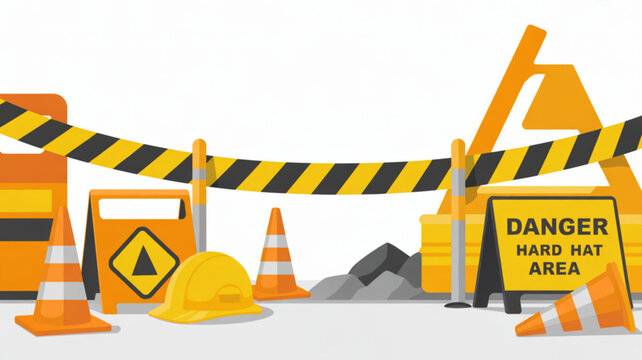 Construction site safety elements including traffic cones hard hat danger sign and barrier tape for industrial and building concepts