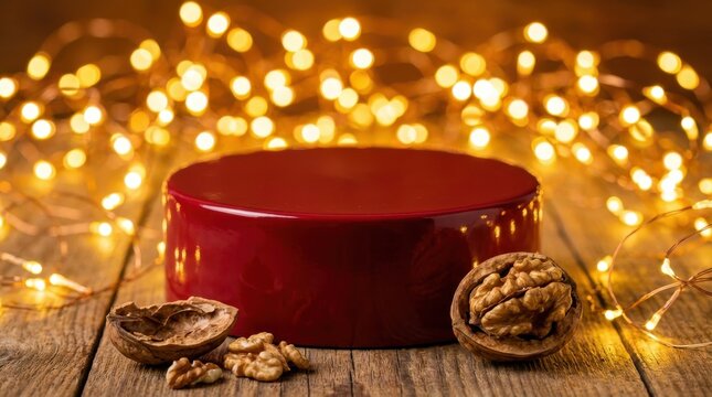 Red gift box on wooden table with walnuts and warm fairy lights holiday celebration