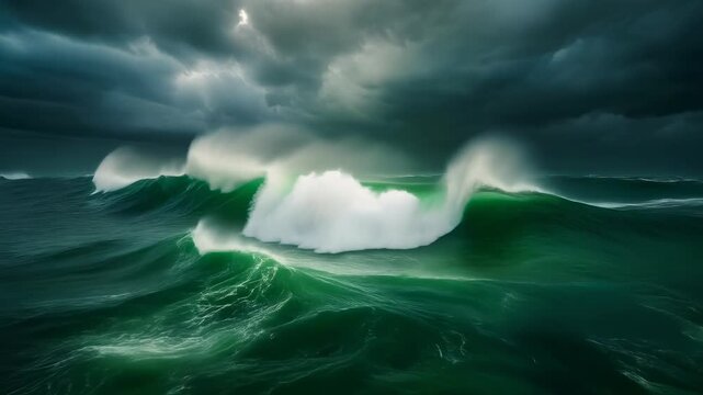 Dramatic Stormy Ocean with Powerful Emerald Green Waves Crashing Violently.