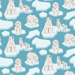 Flat seamless pattern with white polar bears, cubs and ice floes on blue background. Arctic wildlife background for winter textile, nursery wallpaper or nature wrapping paper. Seamless texture © Svetlana