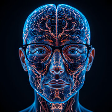Neuroglia limbic system and synaptic pruning human face with transparent skin overlay revealing facial muscles and nerves behind glasses