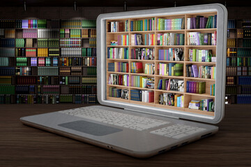 Libreria, con tanti libri, all'interno di computer portatile. Ebook, libri elettronici, in download disponibili su dispositivo informatico portatile. © massimo_g