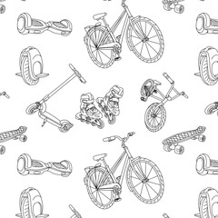 Monochrome outline seamless pattern with bicycle, roller skates, scooter and skateboard. Linear eco city transport background for sport textile, rental wallpaper or wrapping paper. graphics. © Svetlana