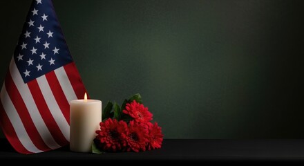 Obraz premium Patriotic vigil with american flag roses and candle