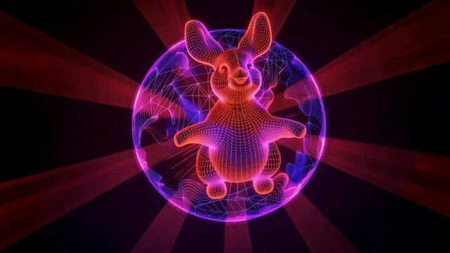 3D futuristic neon wireframe rabbit jumping through glowing ring holographic animation. Cyberpunk digital pet with dynamic tech waves, suitable for metaverse avatars, esports mascots, scifi Easter and