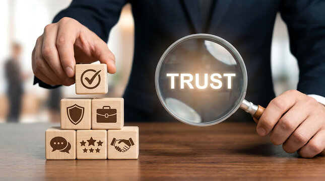 Business trust reputation concept with magnifying glass highlighting trust and wooden blocks showing review rating handshake and customer confidence