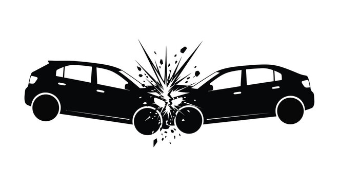 A stark black and white illustration depicts the immediate aftermath of a severe head on car collision with shattered glass high quality