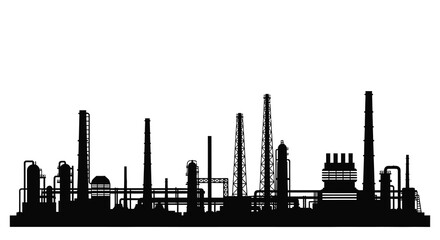 A striking silhouette depicts a vast industrial complex with numerous towers smokestacks and processing units against a bright white backdrop © ArtBySalea07