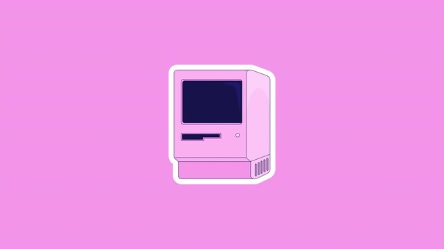 Retro computer with floppy disk slot digital sticker animation. Old hardware. Vintage pc 90s. Isolated animated icon with transparent background. Applying die-cut design. 4K video overlay element
