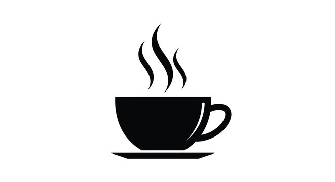 A minimalist black silhouette depicts a steaming cup of coffee or tea presented on a saucer high quality professional