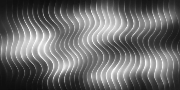 Abstract black and white background featuring a textured geometric pattern with silver 3D waves and elegant grey curves for a modern metallic design