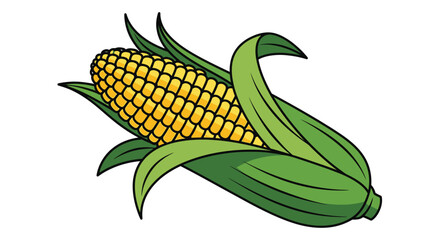 A vibrant cartoon illustration depicts a single ear of corn with bright yellow kernels and lush green husks and leaves © ArtBySalea07