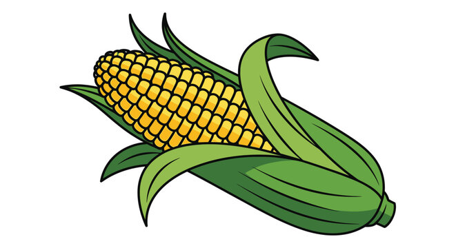 A vibrant cartoon illustration depicts a single ear of corn with bright yellow kernels and lush green husks and leaves