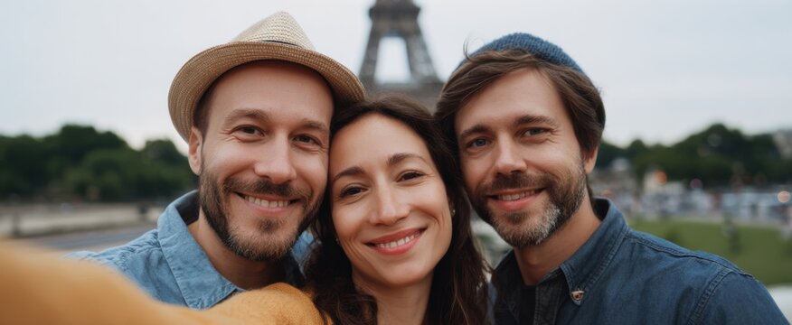 Couple captures travel memories with a selfie by the Eiffel Tower.