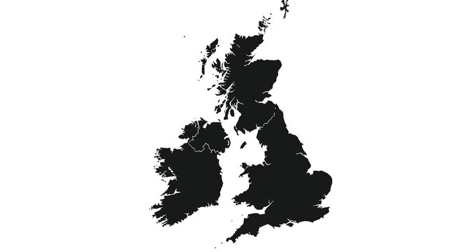 A stark black silhouette depicts the geographical outline of the united kingdom and adjacent islands high quality professional detailed