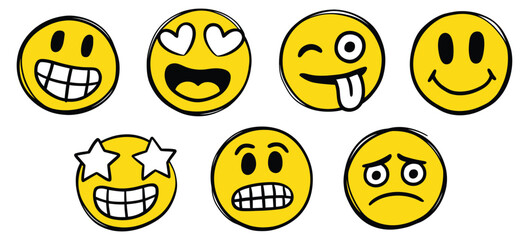 Fototapeta premium Emojis, emoticons, vector illustration, isolated on white background, colorful characters expressing joy, love, happiness, fear, surprise, and emotions with marker pen, free hand sketch.