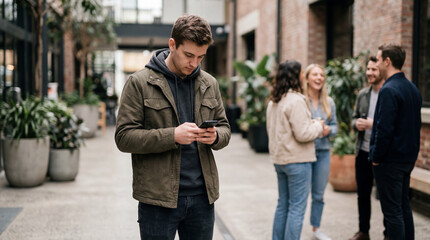 Fototapeta premium Quiet contemplation of a glowing screen, a young man stands apart in an urban walkway as friends share lively daytime conversation