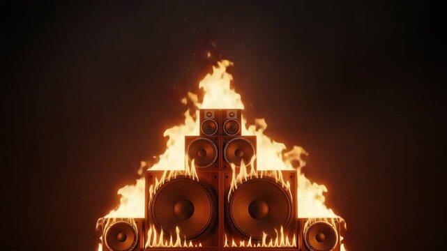 Audio speakers on fire in dramatic triangular arrangement  