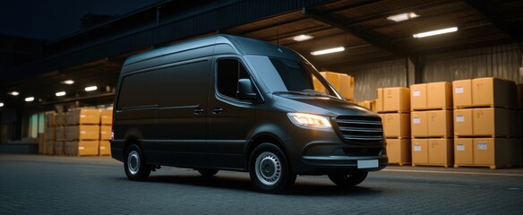 Naklejka premium Sleek contemporary van packed with sturdy cargo crates at a bustling loading dock supply chain.